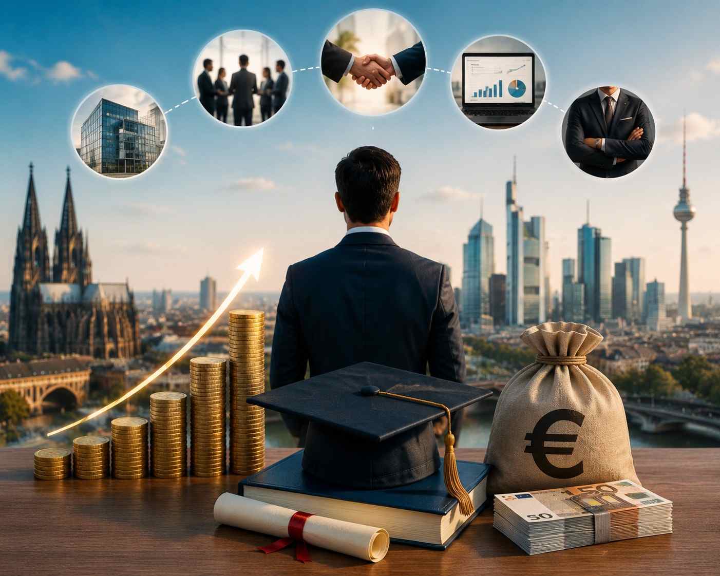 MiM salary outcomes in Germany represented by graduate, career growth, euro currency, business opportunities and professional success symbols.